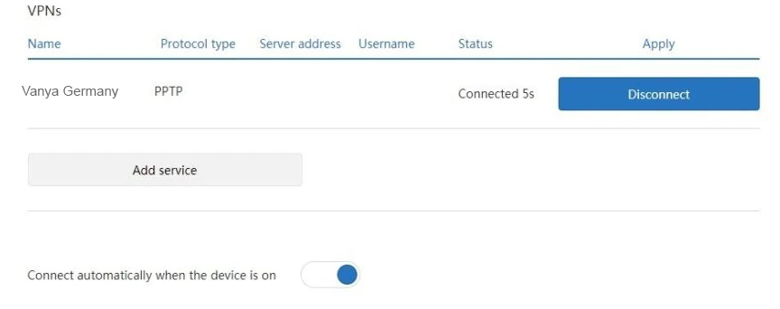 Xiaomi MiWiFi: сервис PPTP подключён, статус Connected, внизу включено автоподключение