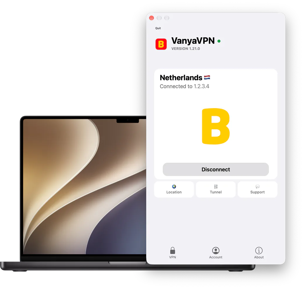 VanyaVPN window on a Mac, connected to the Netherlands
